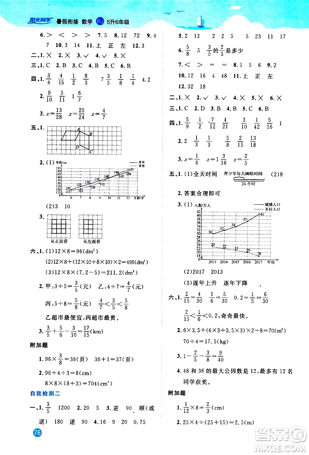 2020年陽(yáng)光同學(xué)暑假銜接5升6數(shù)學(xué)RJ人教版參考答案