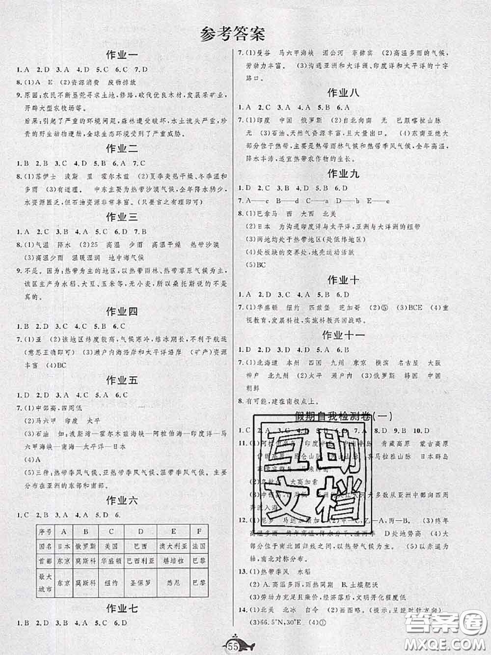 武漢大學(xué)出版社2020年績優(yōu)課堂快樂暑假七年級地理湘教版答案