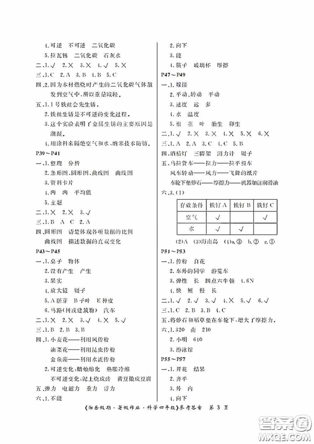 湖南大學(xué)出版社2020湘岳假期暑假作業(yè)四年級科學(xué)第四版答案