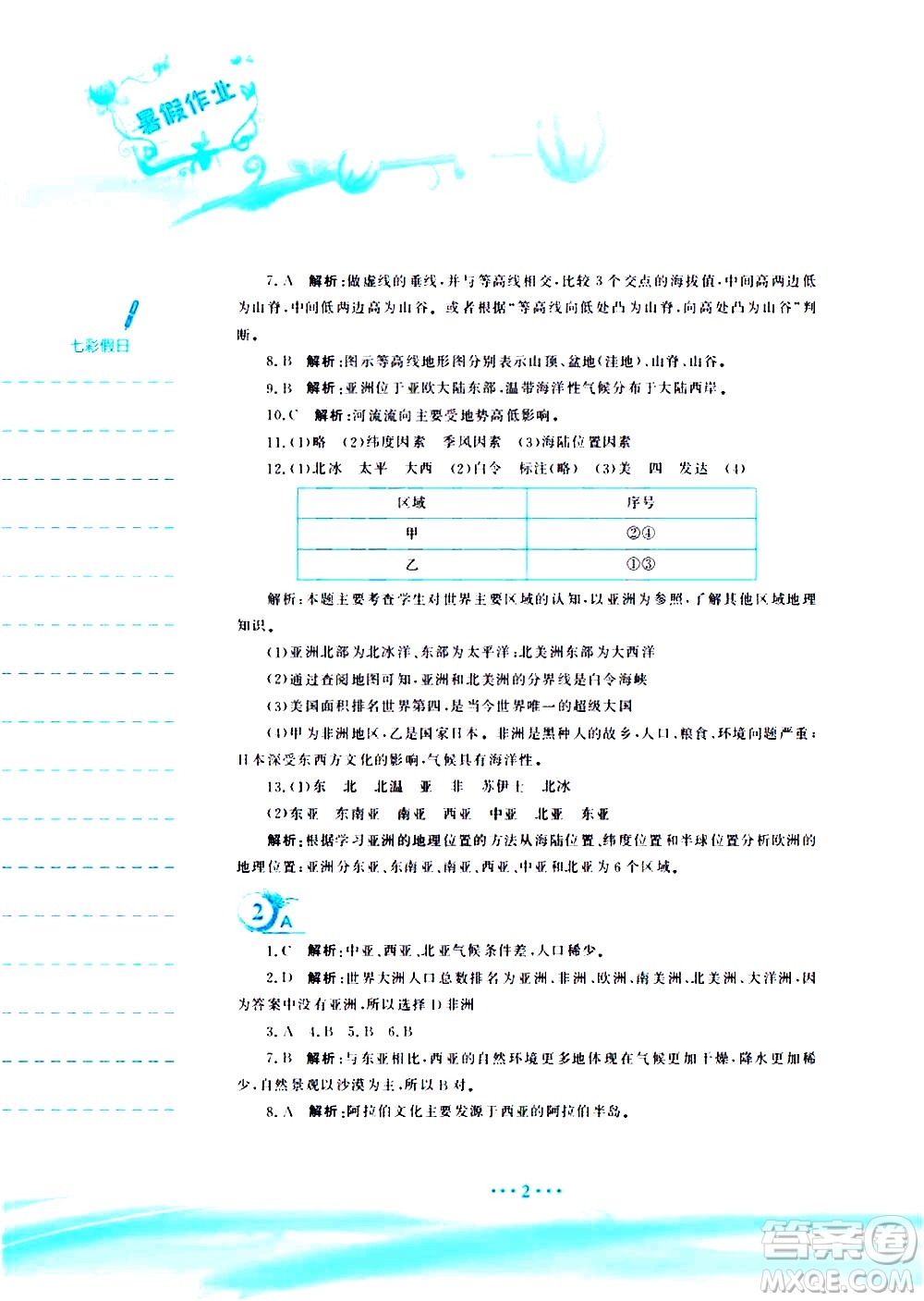 安徽教育出版社2020年暑假作業(yè)七年級地理商務星球版參考答案