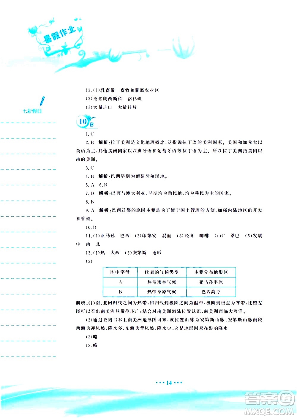 安徽教育出版社2020年暑假作業(yè)七年級地理商務星球版參考答案