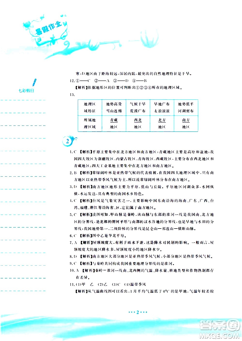 安徽教育出版社2020年暑假作業(yè)八年級地理人教版參考答案