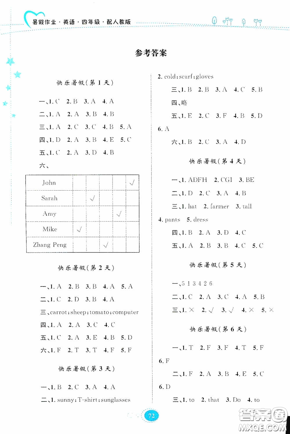 貴州人民出版社2020暑假作業(yè)四年級英語人教版答案