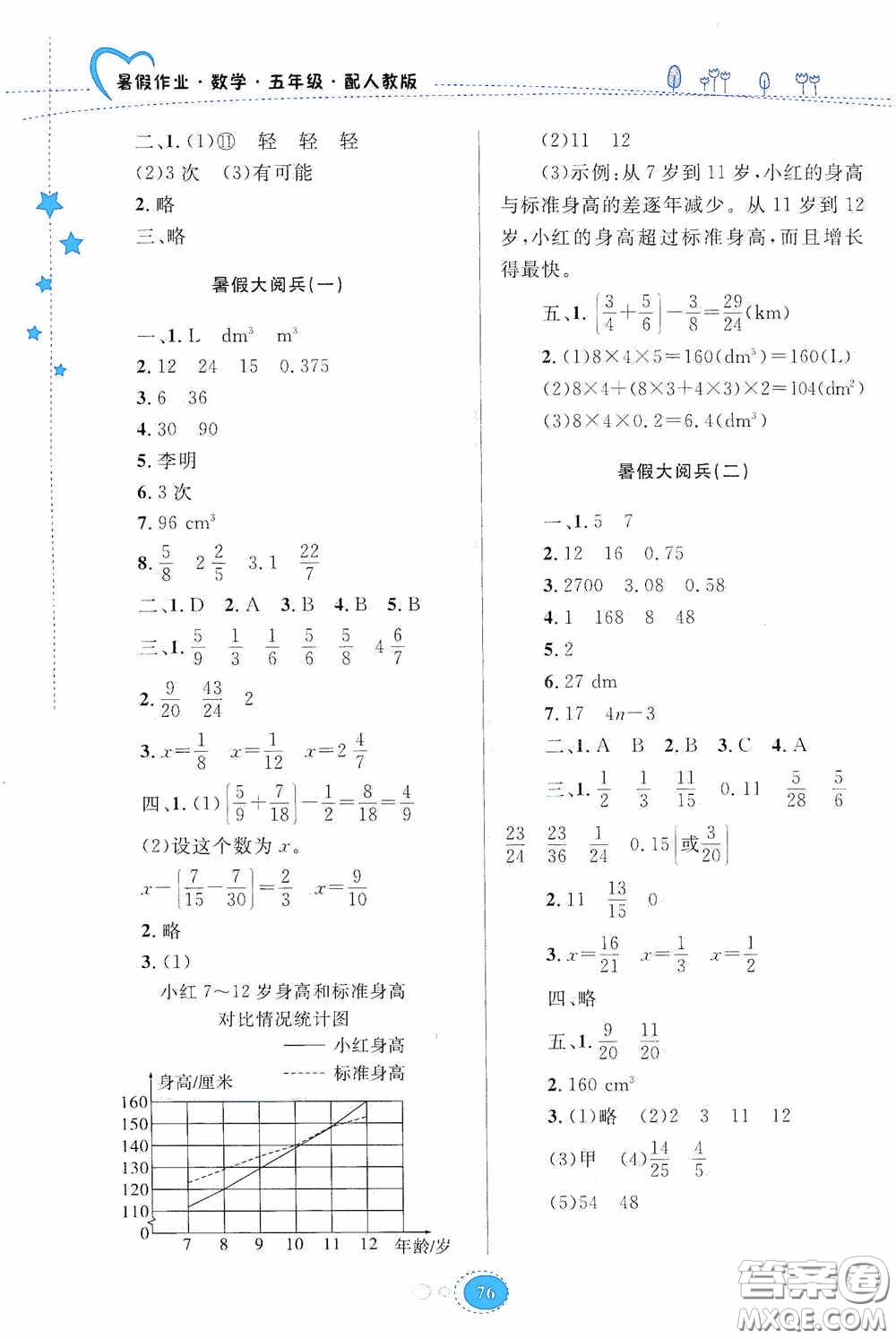 貴州人民出版社2020暑假作業(yè)五年級數學人教版答案