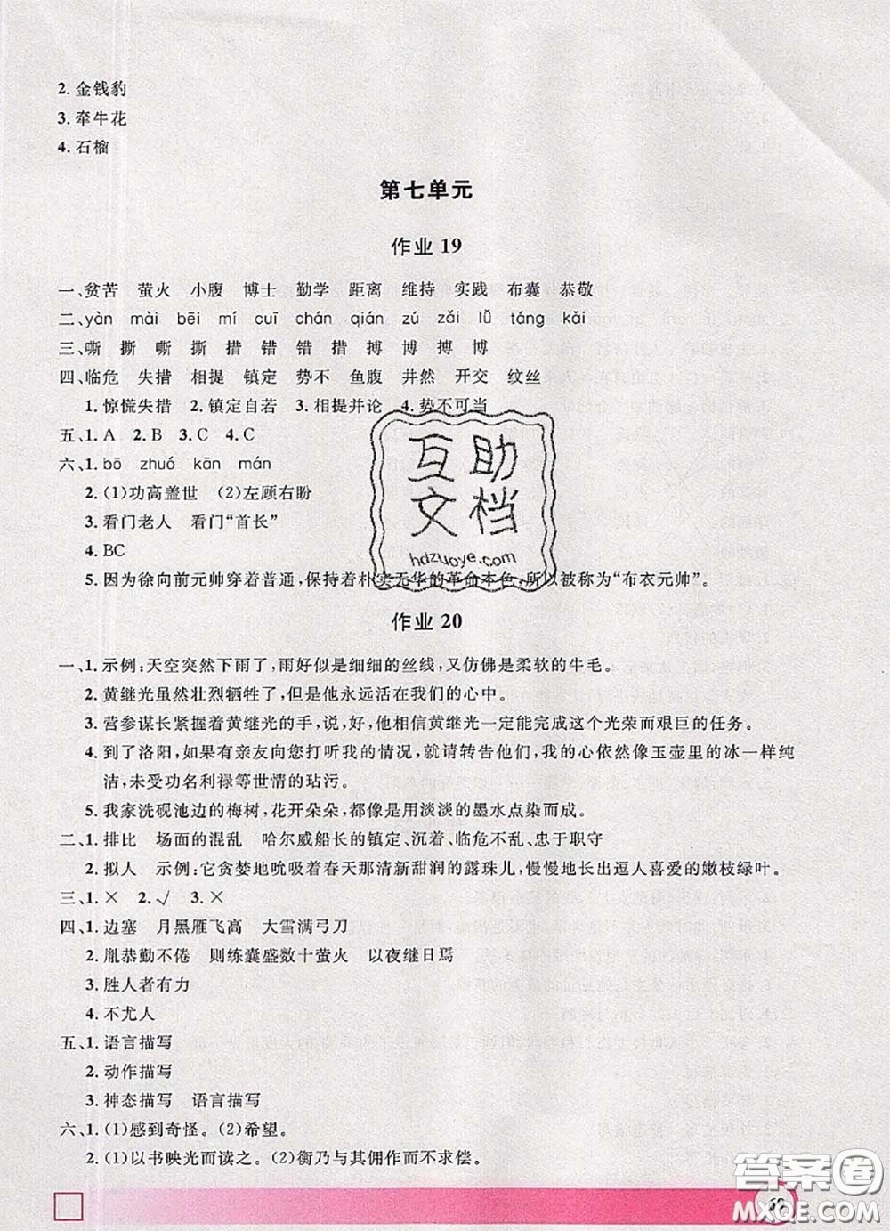 2020年鐘書金牌暑假作業(yè)導(dǎo)與練四年級(jí)語文上海專版參考答案