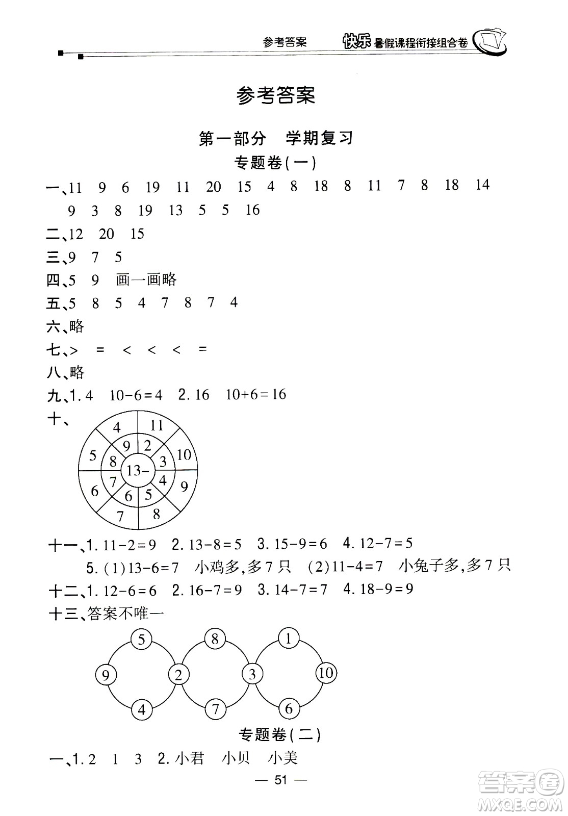 甘肅少年兒童出版社2020年快樂(lè)暑假課程銜接組合卷數(shù)學(xué)一年級(jí)北師大版參考答案