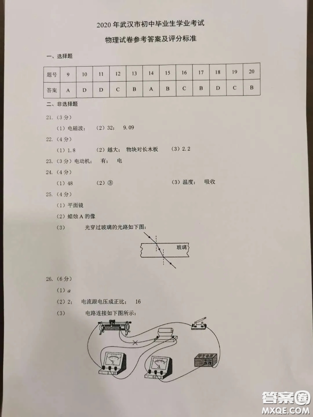 2020湖北省武漢市初中畢業(yè)生學(xué)業(yè)考試物理化學(xué)試卷及答案