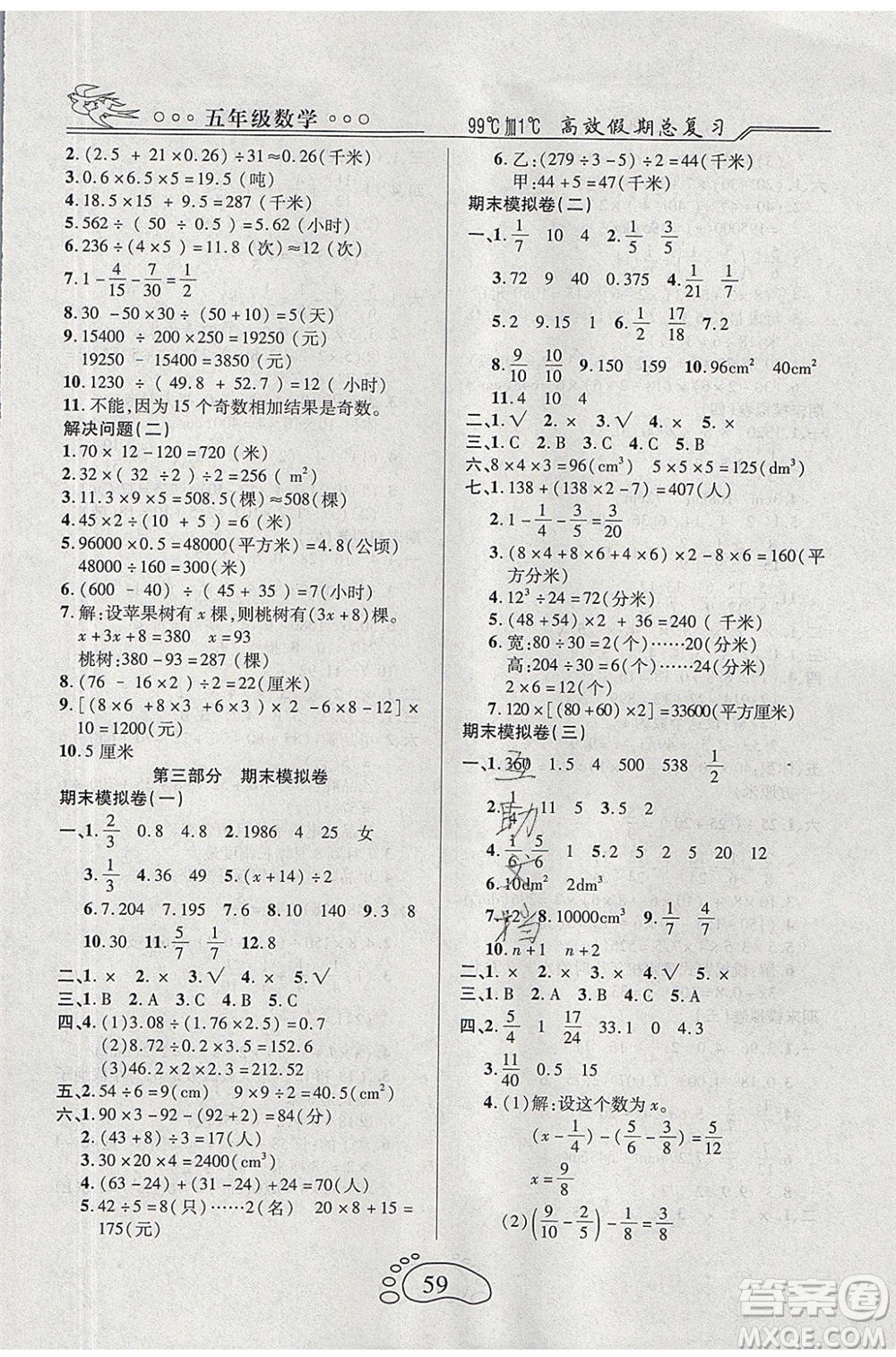 2020年本土教輔贏在暑假高效假期總復(fù)習(xí)五年級數(shù)學(xué)RJ人教版參考答案