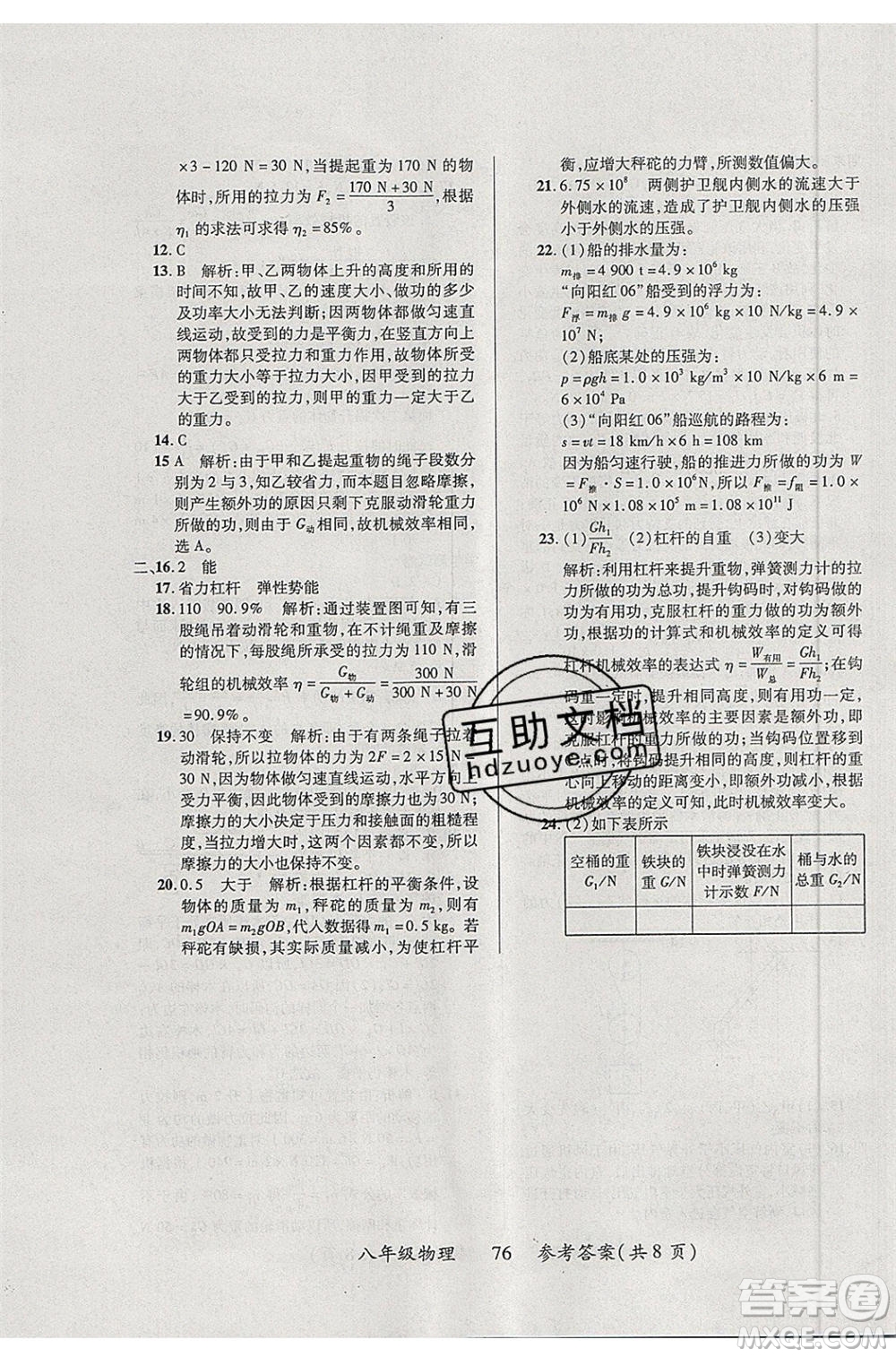 2020年本土教輔贏在暑假高效假期總復(fù)習(xí)八年級物理蘇科版參考答案