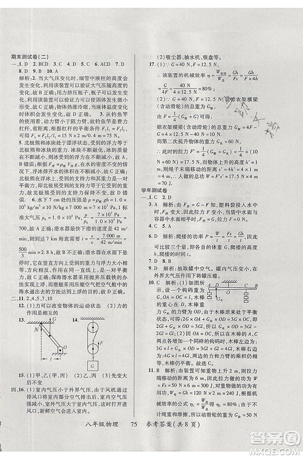 2020年本土教輔贏在暑假高效假期總復(fù)習(xí)八年級物理蘇科版參考答案