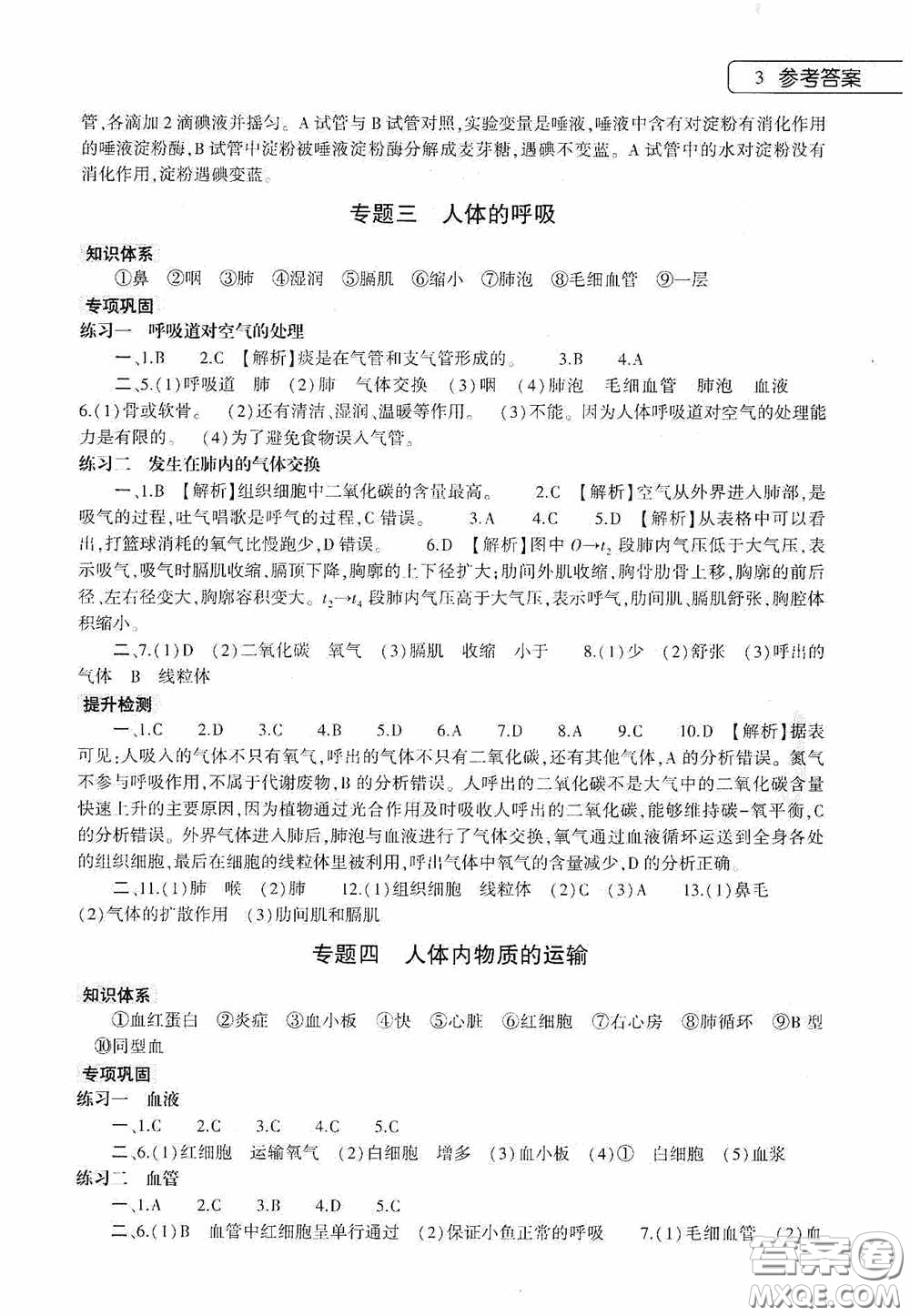 大象出版社2020暑假作業(yè)本生物學(xué)七年級下冊人教版答案