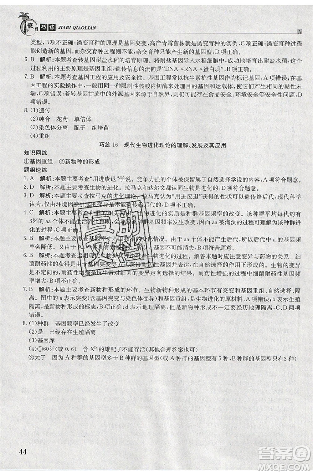 江西高校出版社2020年假日巧練暑假生物必修2人教版參考答案