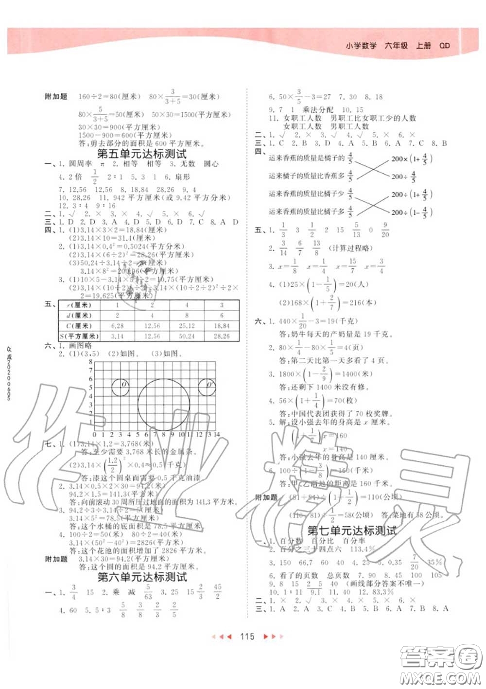 小兒郎2020秋53天天練六年級數(shù)學(xué)上冊青島版參考答案