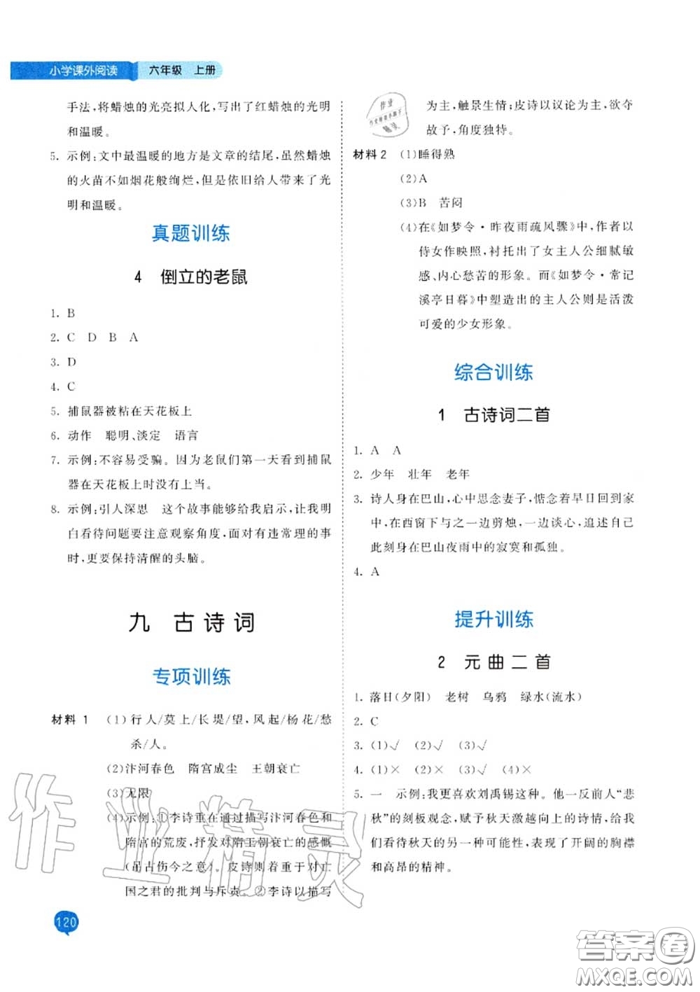 小兒郎2020秋53天天練六年級小學(xué)課外閱讀上冊通用版參考答案