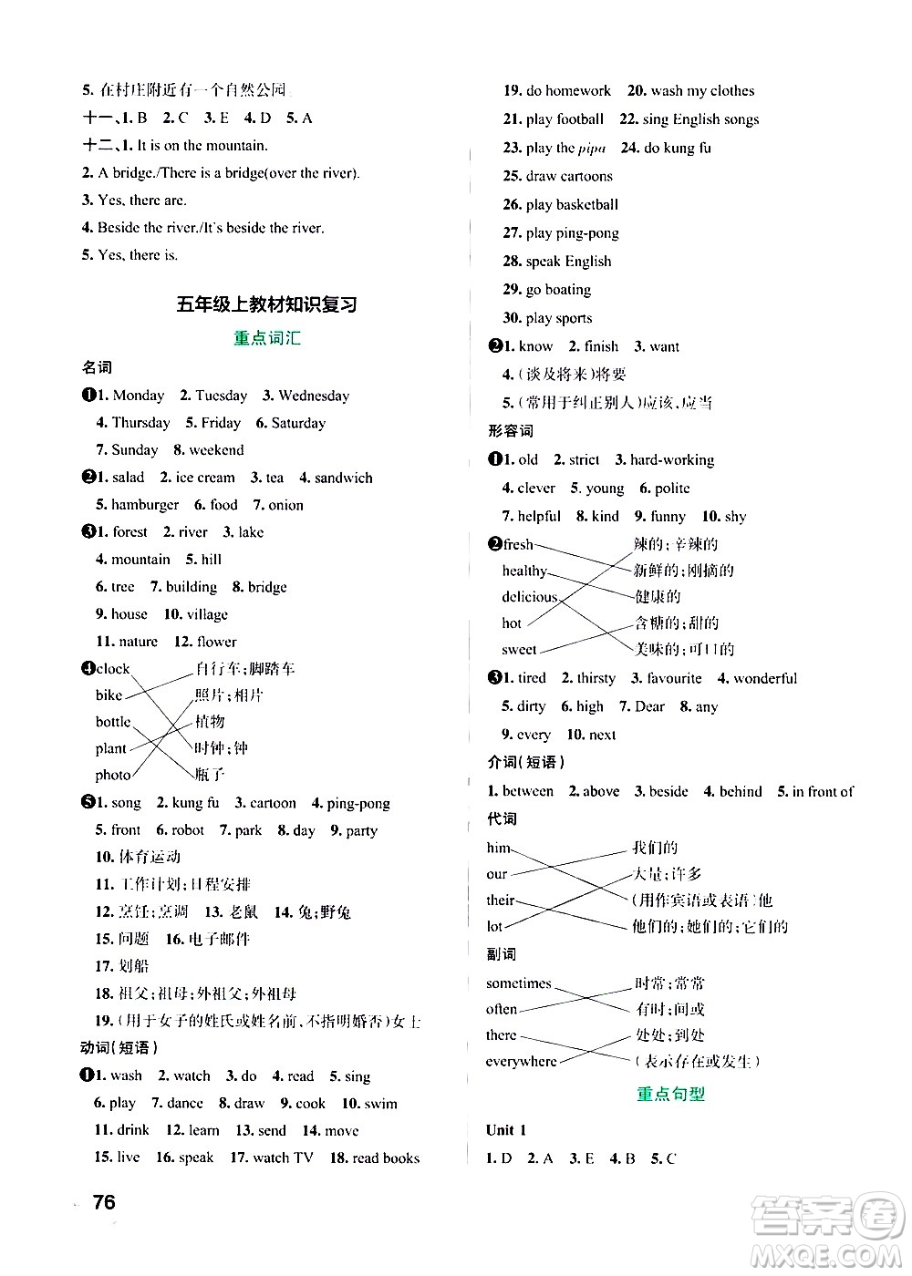 遼寧教育出版社2020秋小學學霸作業(yè)本英語五年級上RJ人教版參考答案