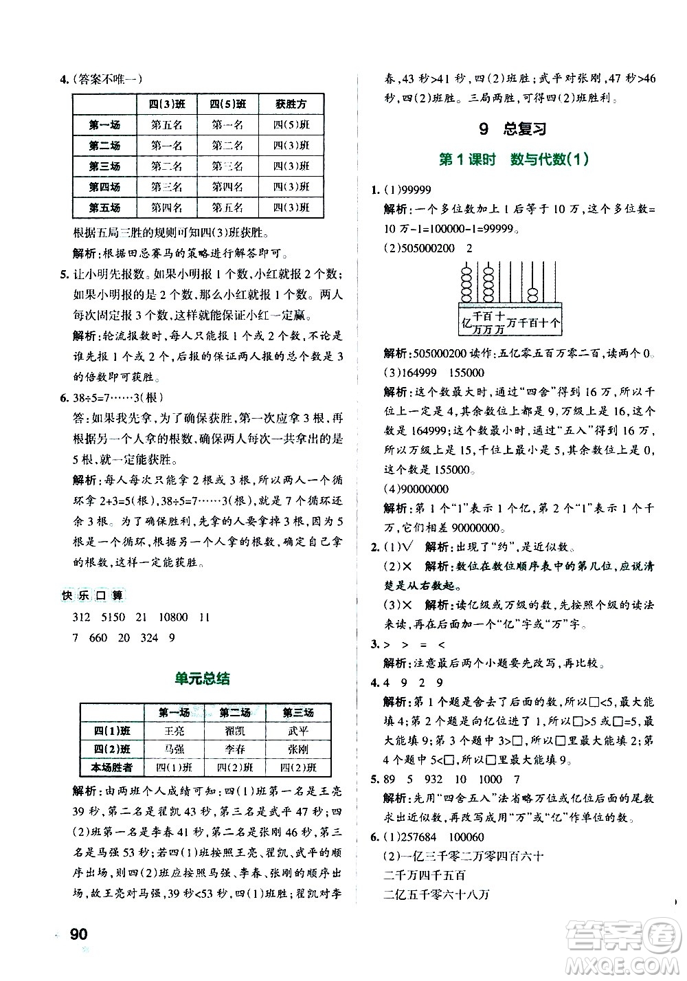 遼寧教育出版社2020秋小學(xué)學(xué)霸作業(yè)本數(shù)學(xué)四年級上RJ人教版參考答案