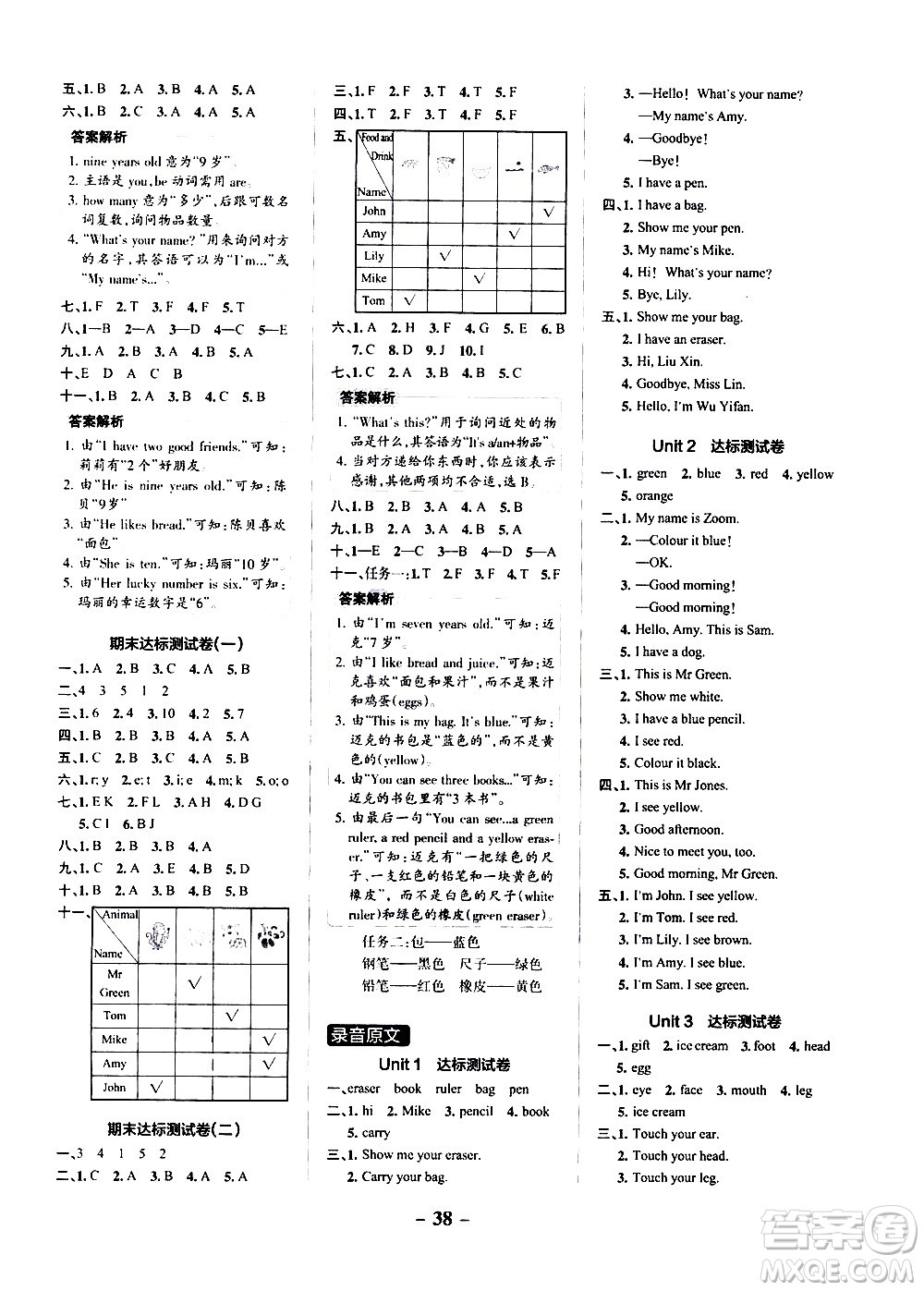 遼寧教育出版社2020秋小學(xué)學(xué)霸作業(yè)本英語三年級上RJ人教版參考答案