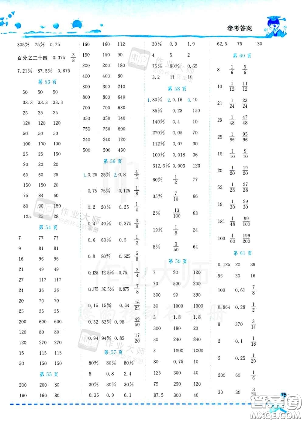 2020秋黃岡小狀元口算速算練習(xí)冊(cè)六年級(jí)數(shù)學(xué)上冊(cè)人教版答案