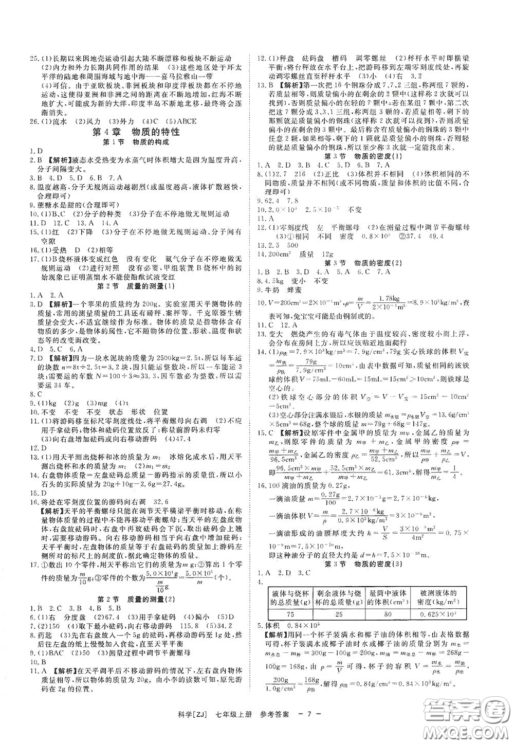 2020全效學(xué)習(xí)課時提優(yōu)七年級科學(xué)上冊浙教版精華版答案