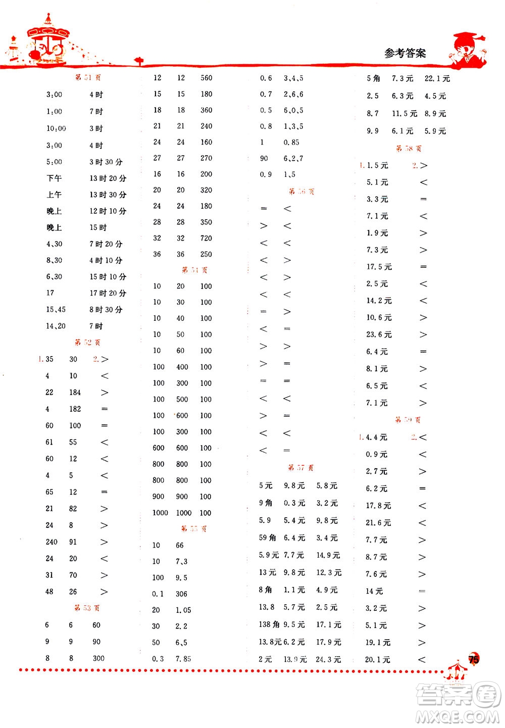 龍門書局2020秋黃岡小狀元口算速算練習冊三年級數(shù)學上BS北師版參考答案