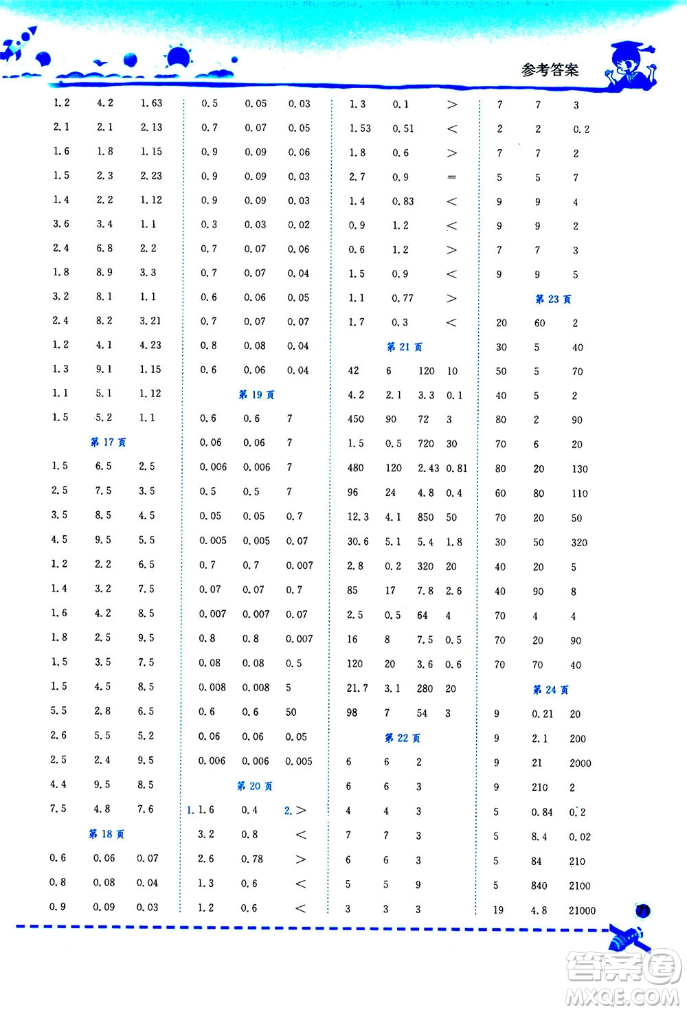 龍門書局2020秋黃岡小狀元口算速算練習冊五年級數(shù)學(xué)上R人教版參考答案