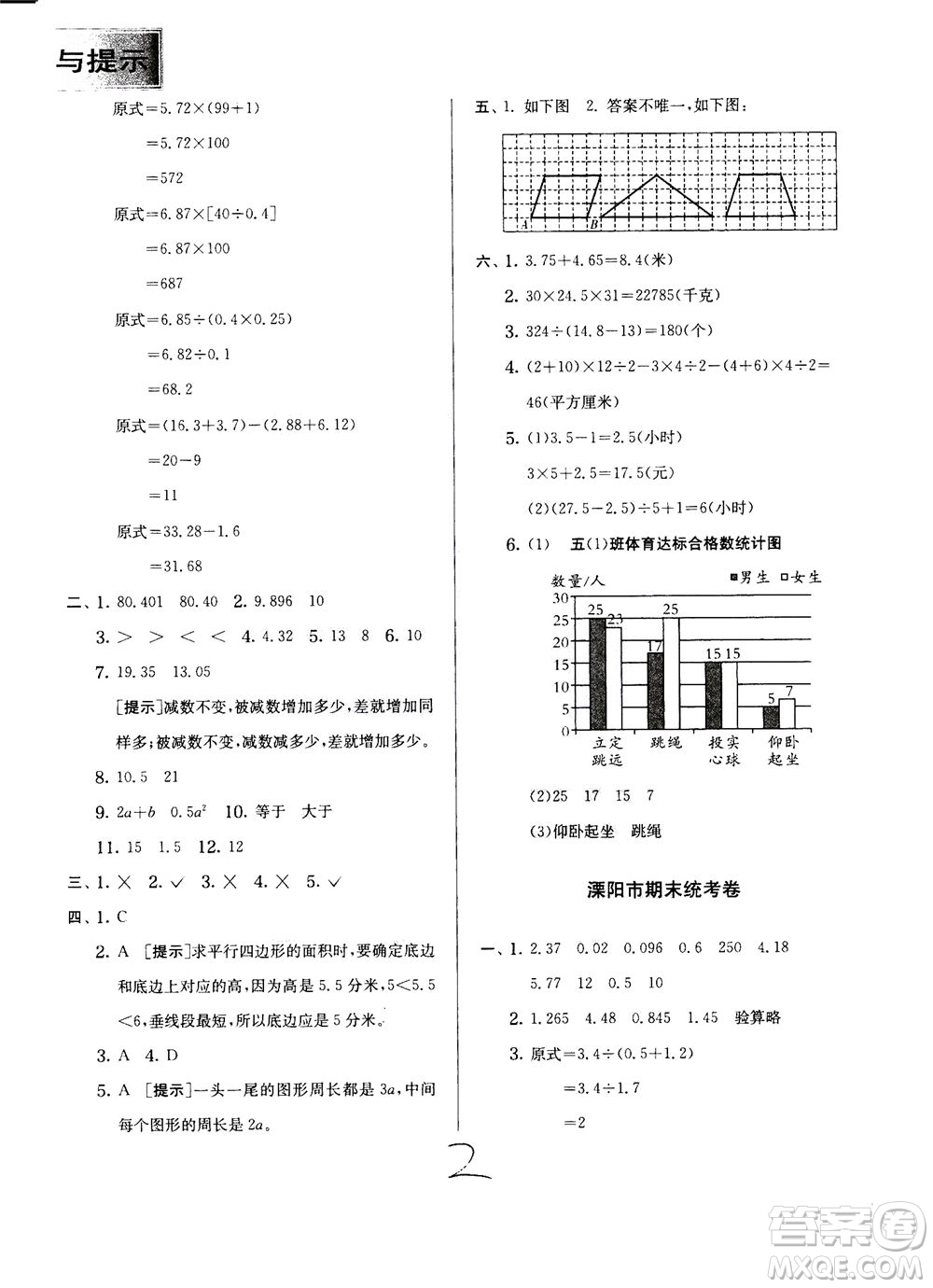 江蘇人民出版社2020秋實驗班提優(yōu)訓練數(shù)學五年級上JSJY江蘇教育版參考答案