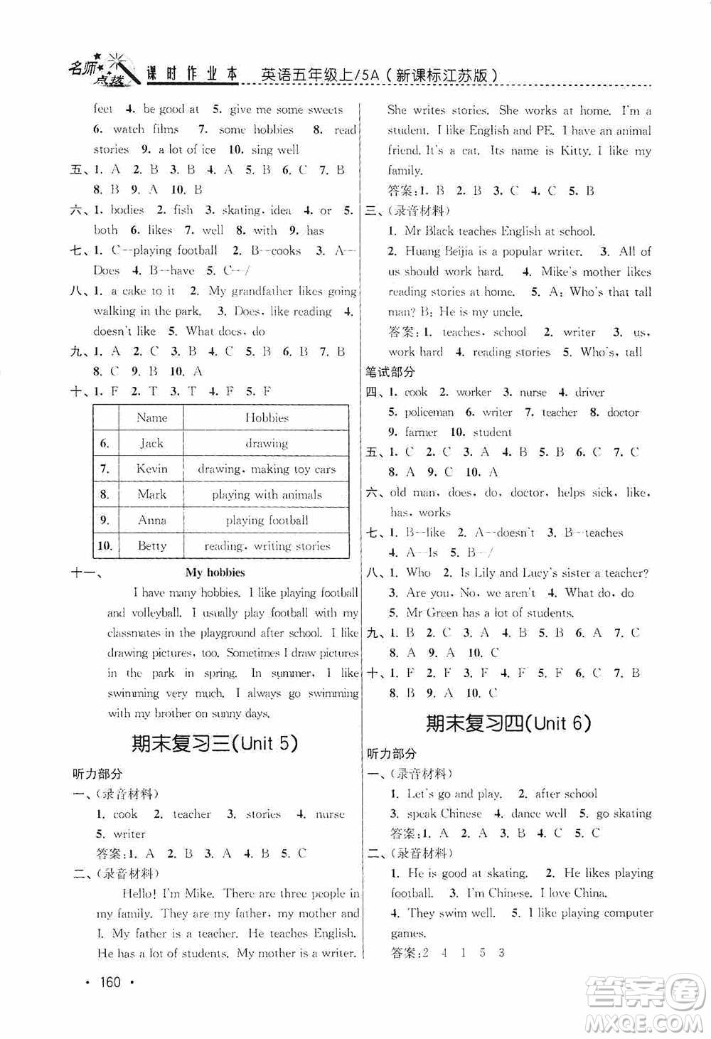 東南大學(xué)出版社2020名師點撥課時作業(yè)本五年級英語5A江蘇版答案