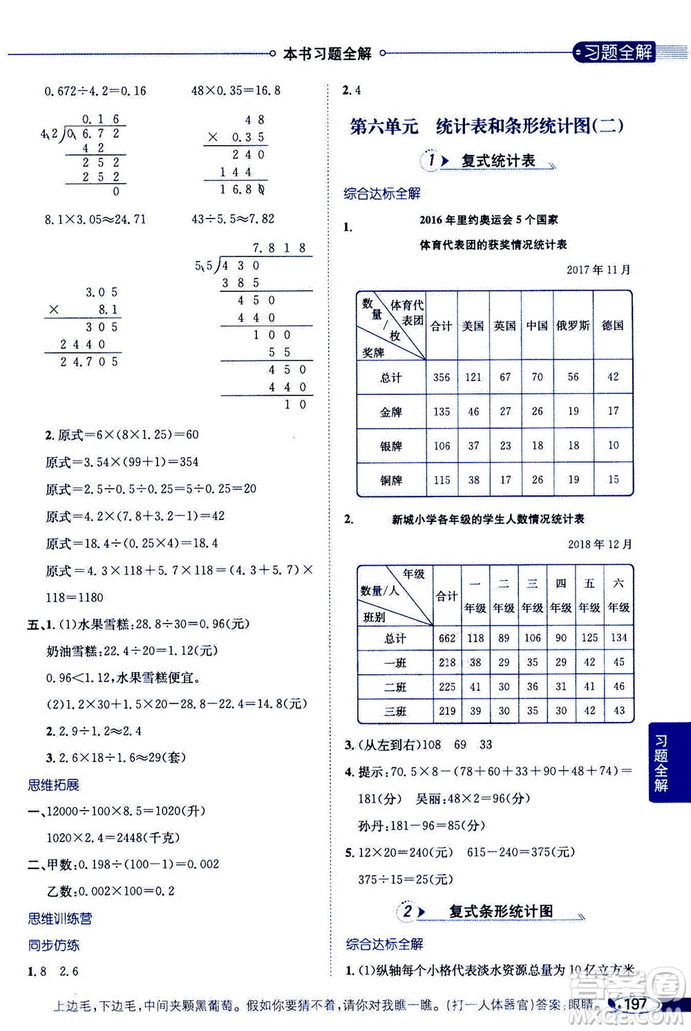 2020秋薛金星小學(xué)教材全解五年級上冊數(shù)學(xué)江蘇版參考答案