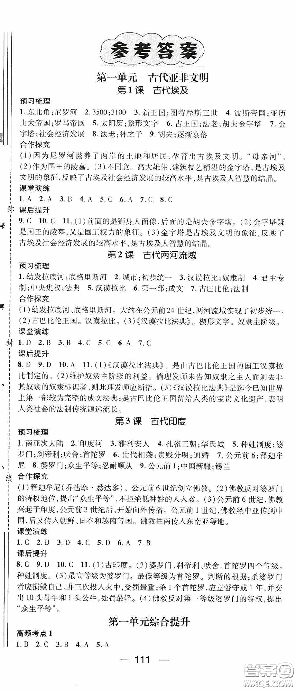 陽(yáng)光出版社2020精英新課堂九年級(jí)歷史上冊(cè)人教版答案