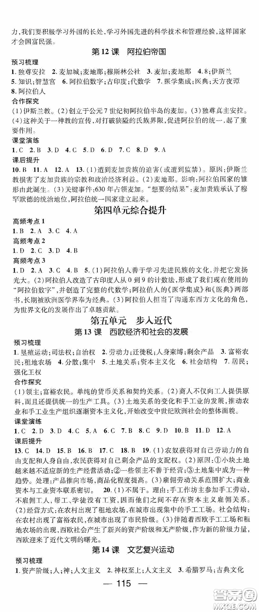 陽(yáng)光出版社2020精英新課堂九年級(jí)歷史上冊(cè)人教版答案