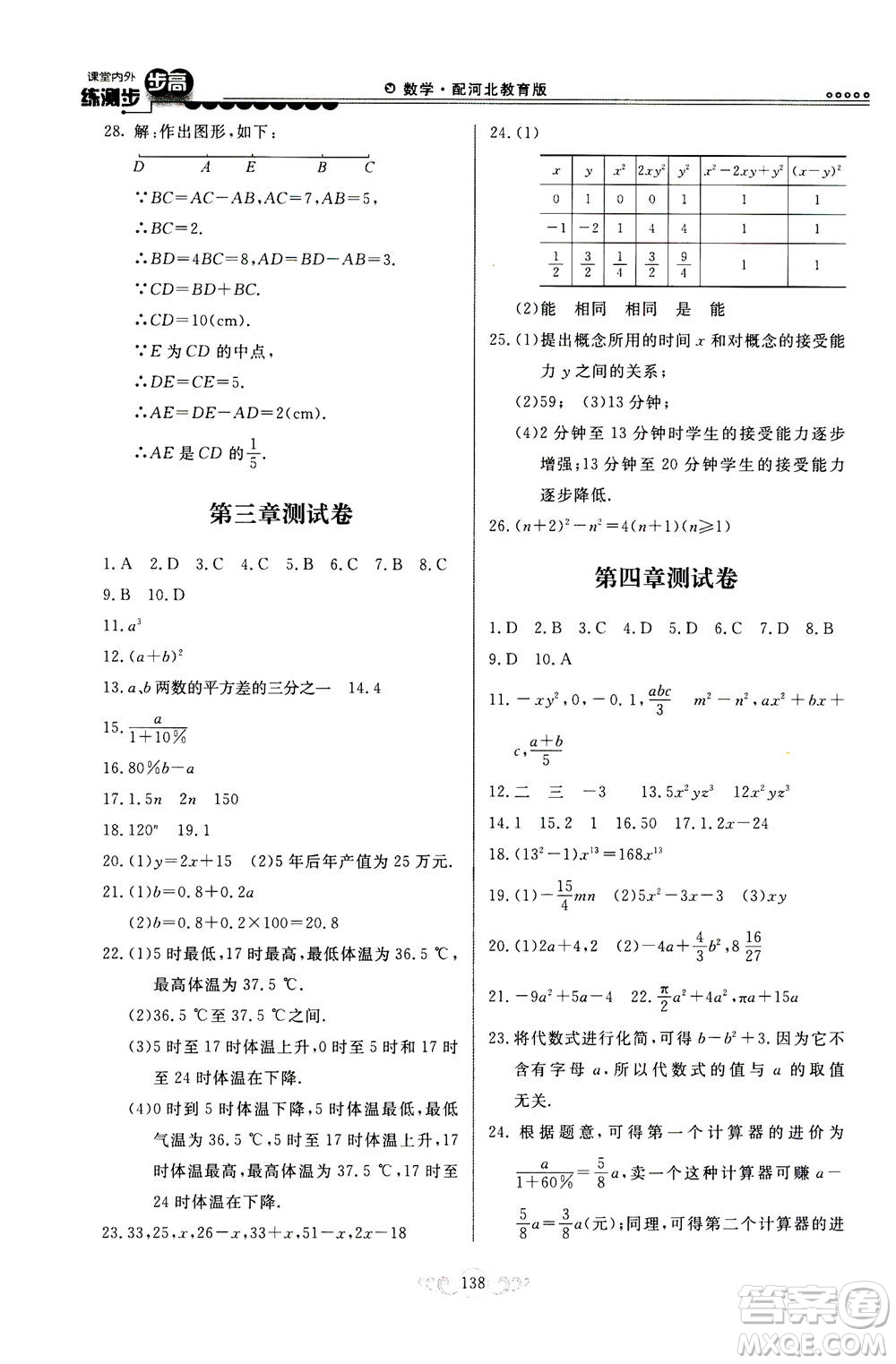 河北美術(shù)出版社2020秋課堂內(nèi)外練測步步高數(shù)學(xué)七年級上冊河北教育版參考答案