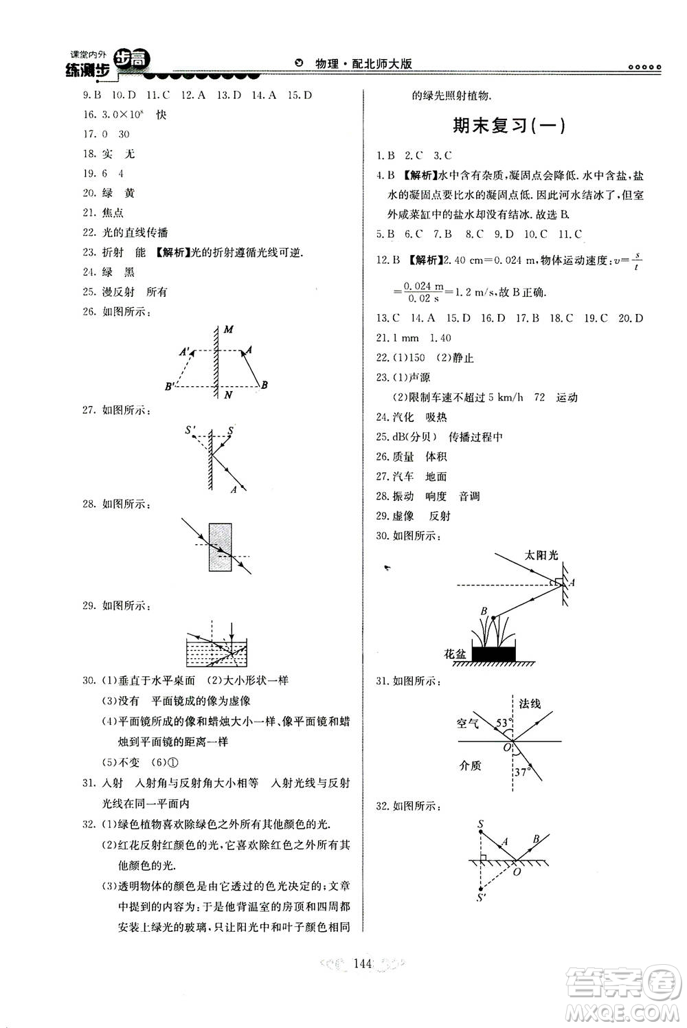 河北美術(shù)出版社2020秋課堂內(nèi)外練測步步高物理八年級上冊北師大版參考答案