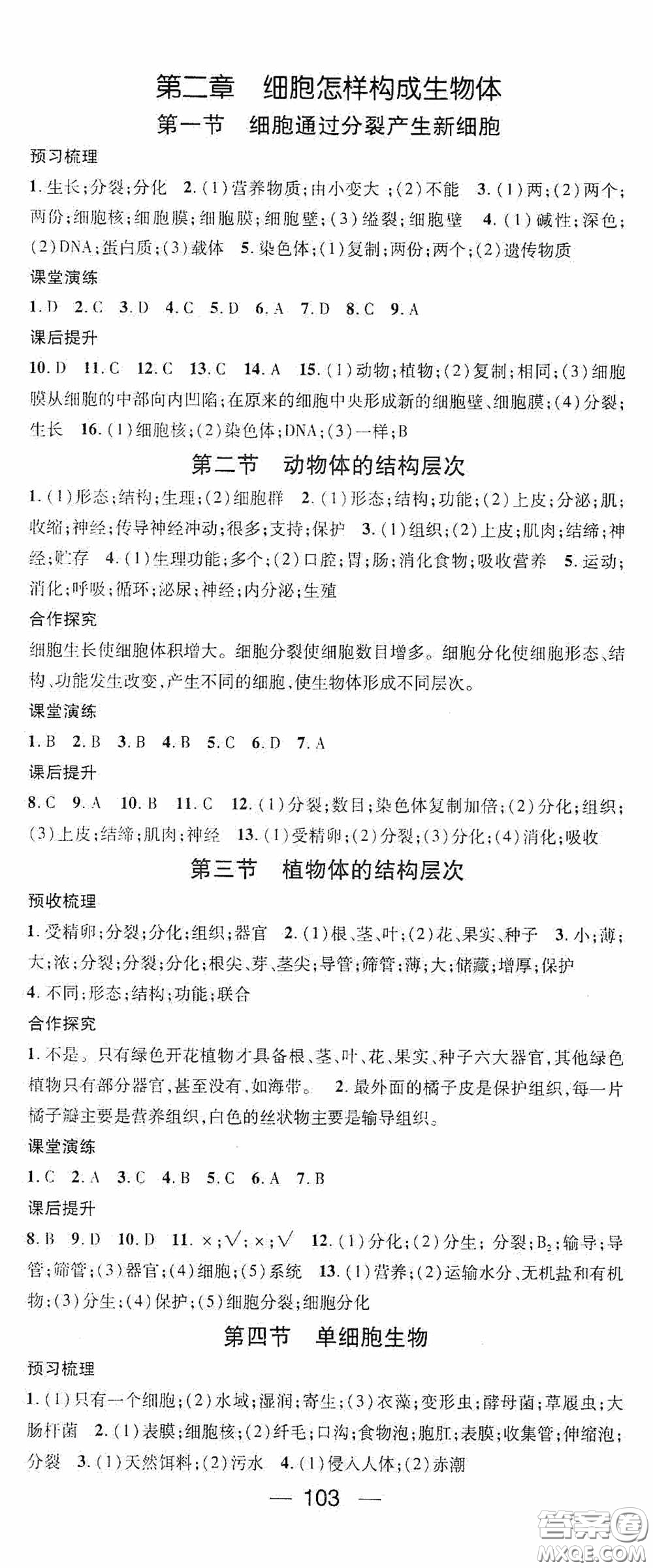 陽光出版社2020精英新課堂七年級(jí)生物上冊(cè)人教版答案