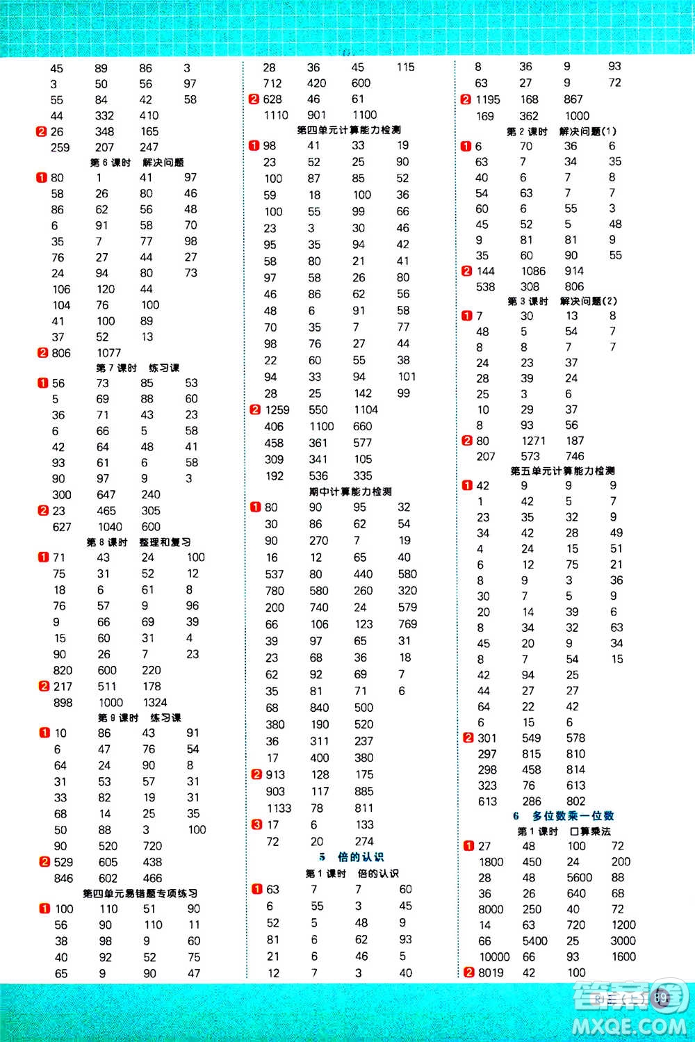 江西教育出版社2020年陽光同學(xué)計算小達人數(shù)學(xué)三年級上冊RJ人教版參考答案