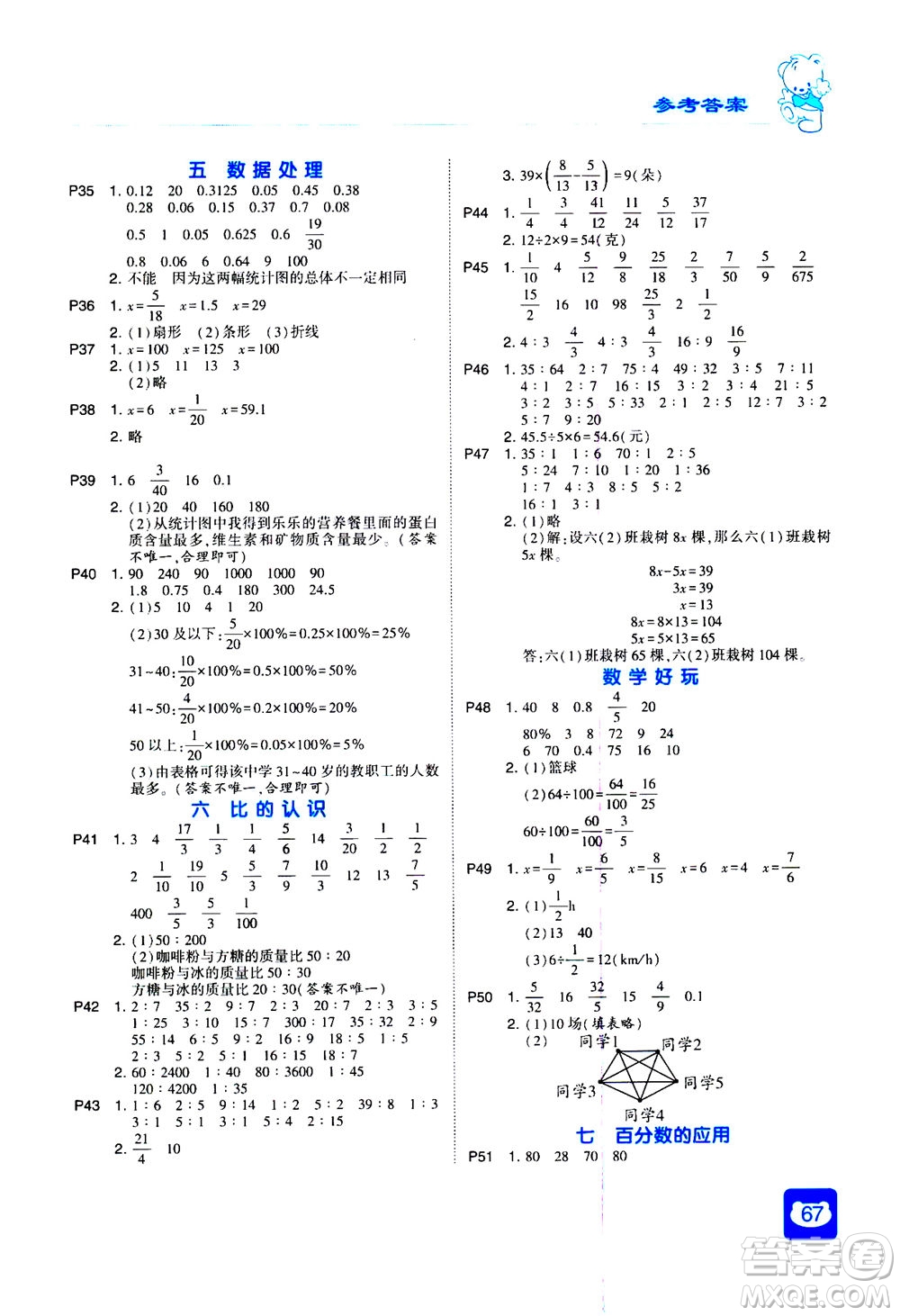 河海大學(xué)出版社2020年經(jīng)綸學(xué)典計(jì)算小能手?jǐn)?shù)學(xué)六年級上冊BS北師版參考答案