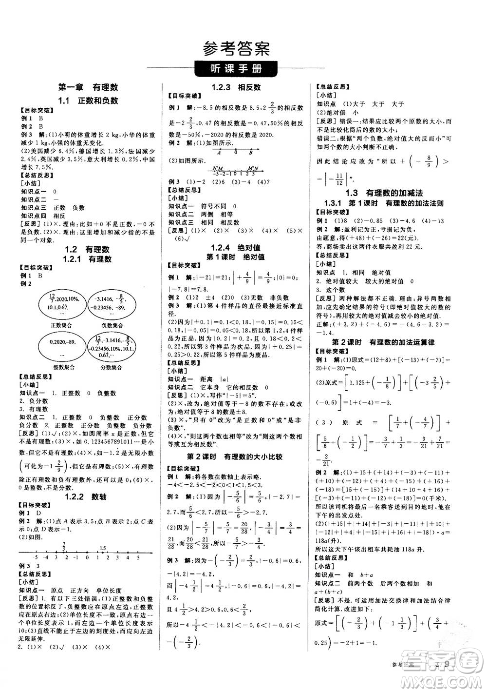 陽光出版社2020年全品學(xué)練考七年級上冊數(shù)學(xué)新課標(biāo)RJ人教版參考答案