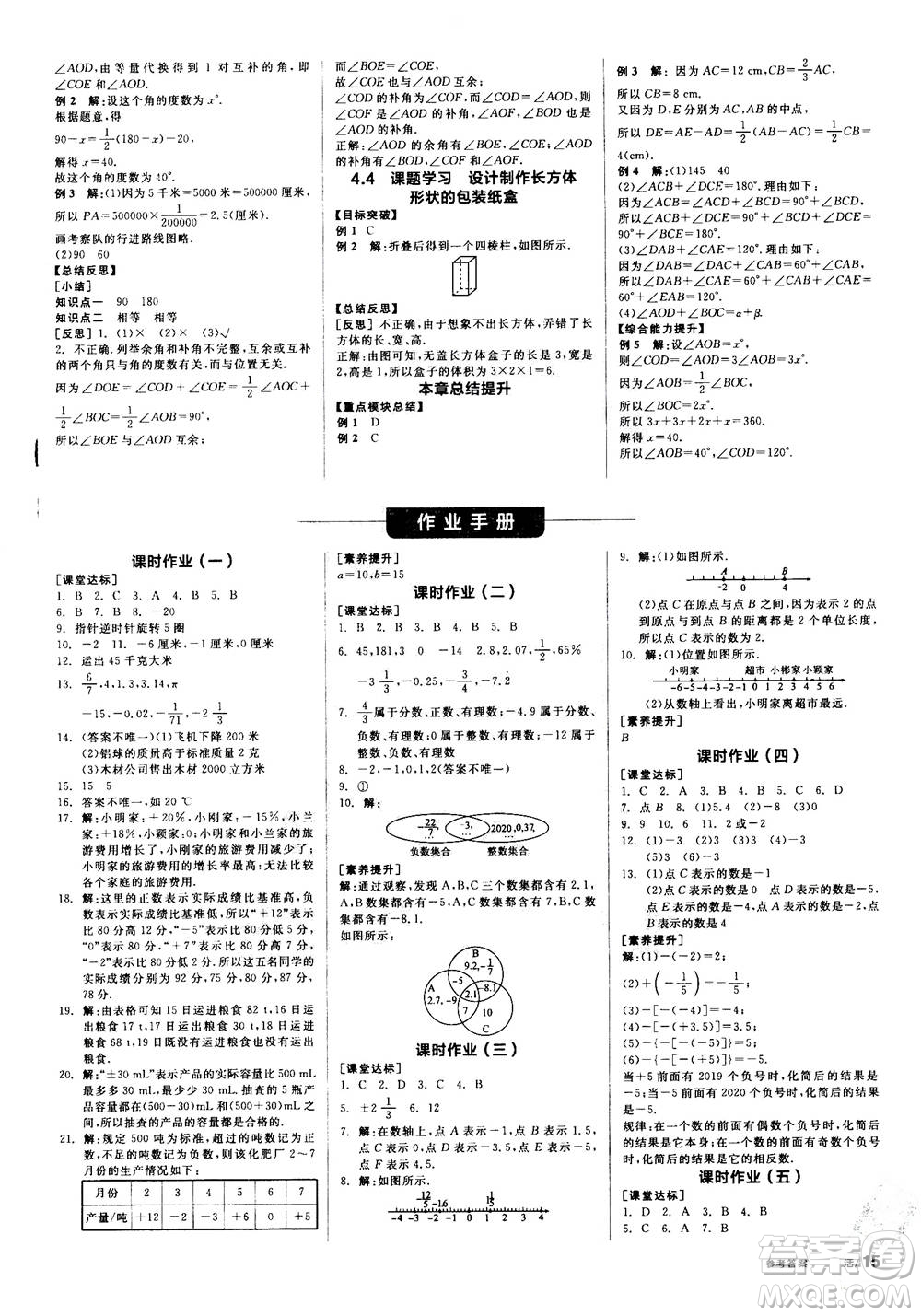 陽光出版社2020年全品學(xué)練考七年級上冊數(shù)學(xué)新課標(biāo)RJ人教版參考答案