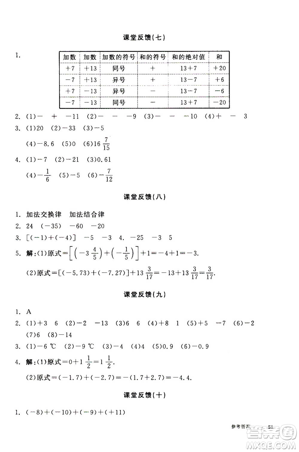 陽光出版社2020年全品學(xué)練考七年級上冊數(shù)學(xué)新課標(biāo)RJ人教版參考答案