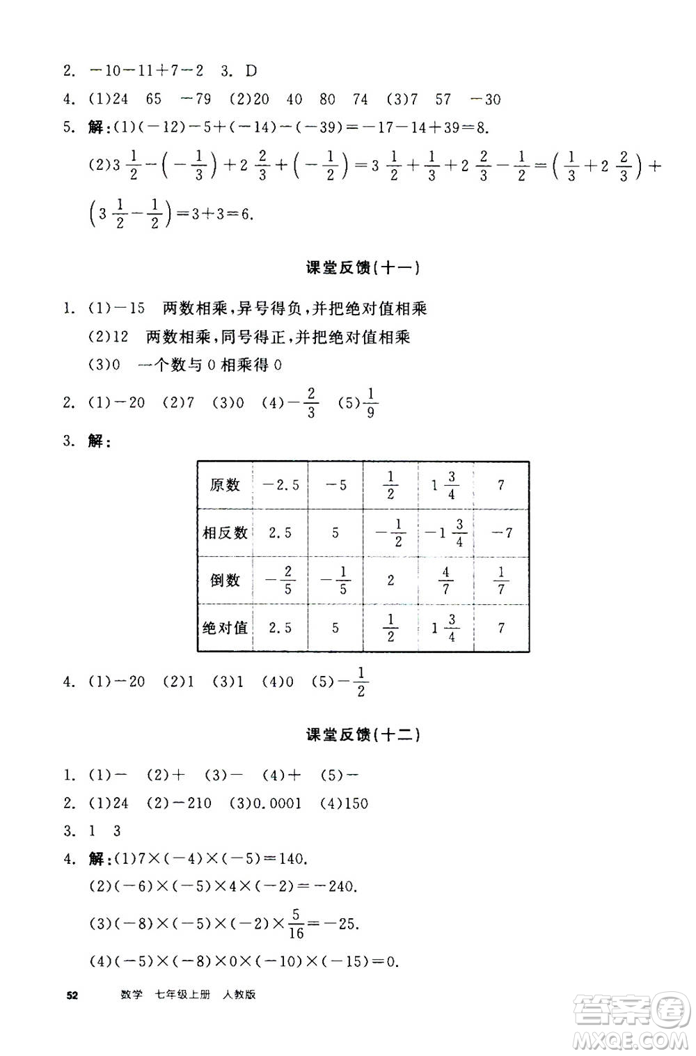 陽光出版社2020年全品學(xué)練考七年級上冊數(shù)學(xué)新課標(biāo)RJ人教版參考答案