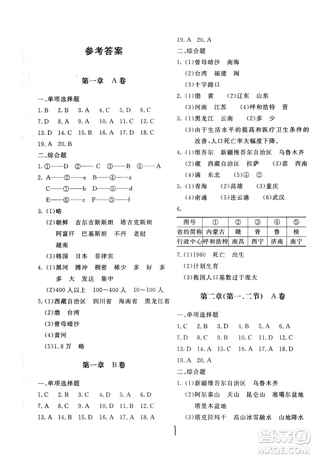 北京教育出版社2020年新課堂AB卷單元測(cè)試地理八年級(jí)上湖南教育版參考答案