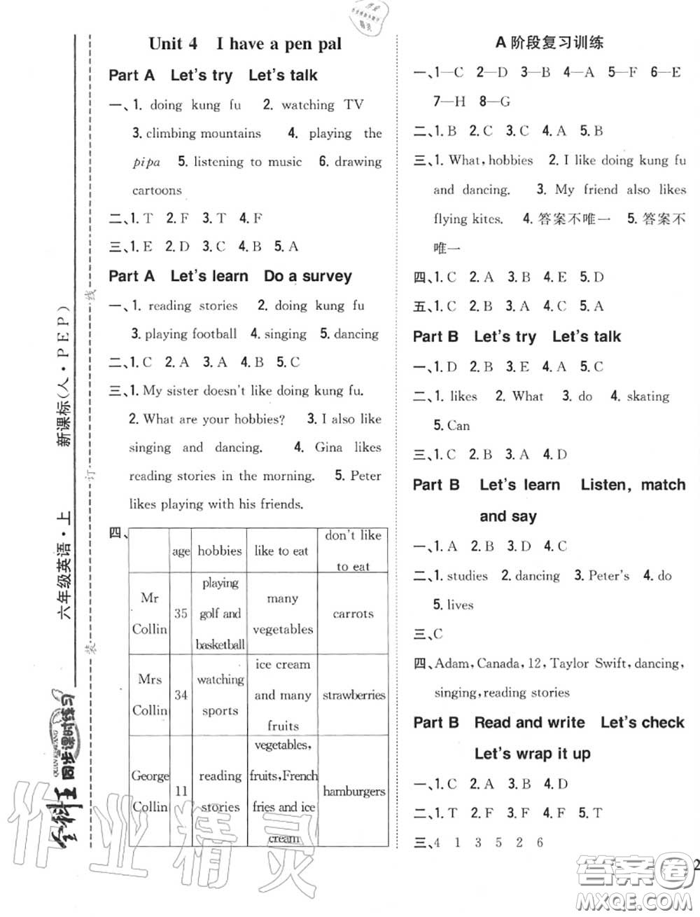 2020秋全科王同步課時(shí)練習(xí)六年級(jí)英語上冊(cè)人教版答案