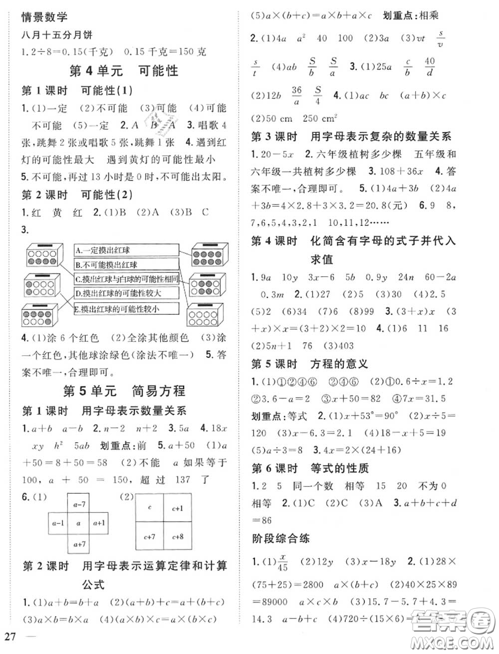 2020秋全科王同步課時(shí)練習(xí)五年級數(shù)學(xué)上冊人教版答案