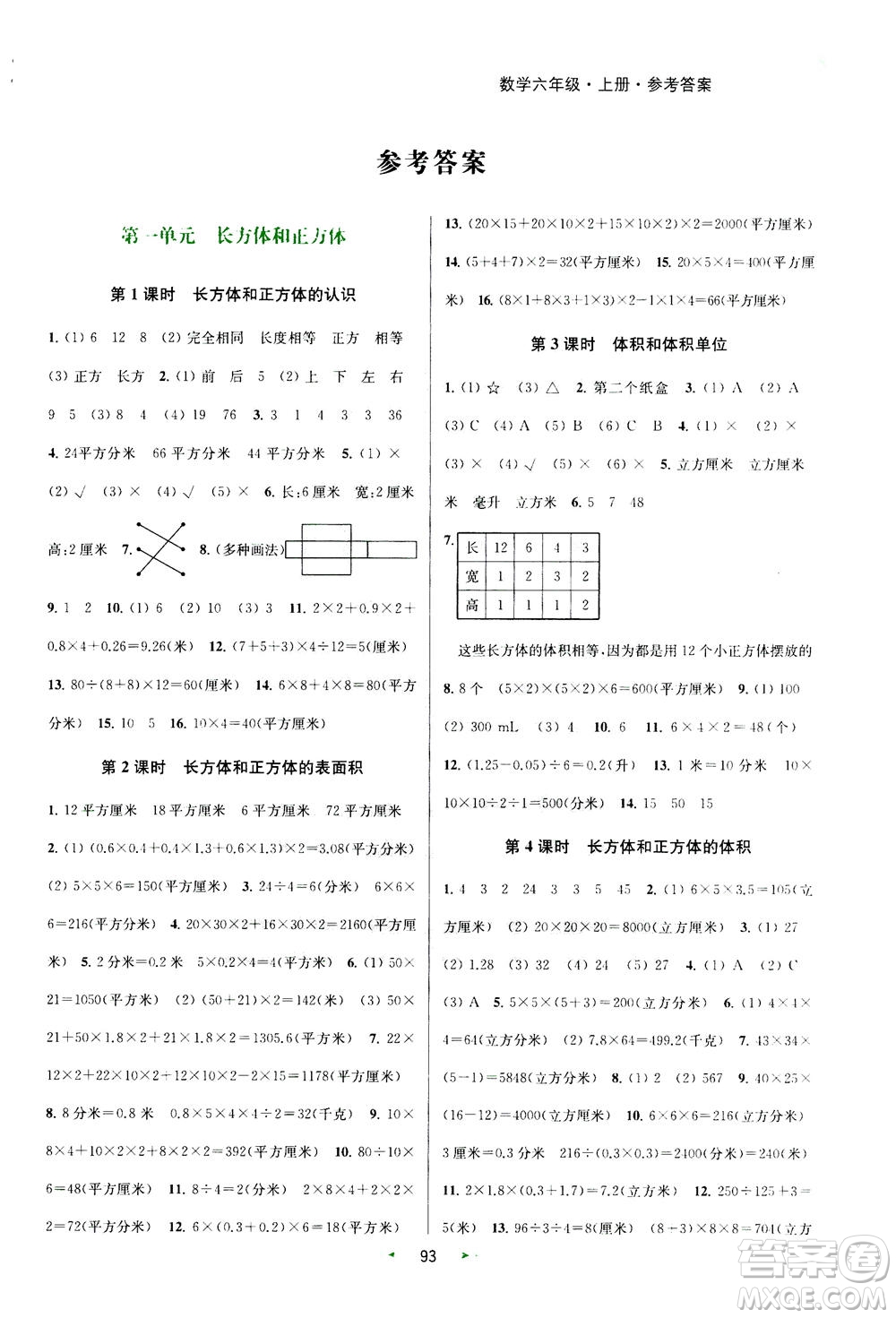 2020秋金鑰匙提優(yōu)訓練課課練六年級上冊數學國標江蘇版參考答案