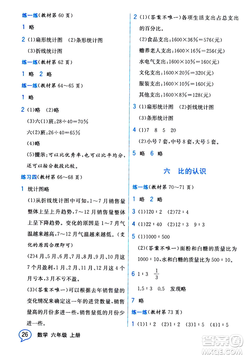 現(xiàn)代教育出版社2020年教材解讀數(shù)學六年級上冊BS北師版參考答案