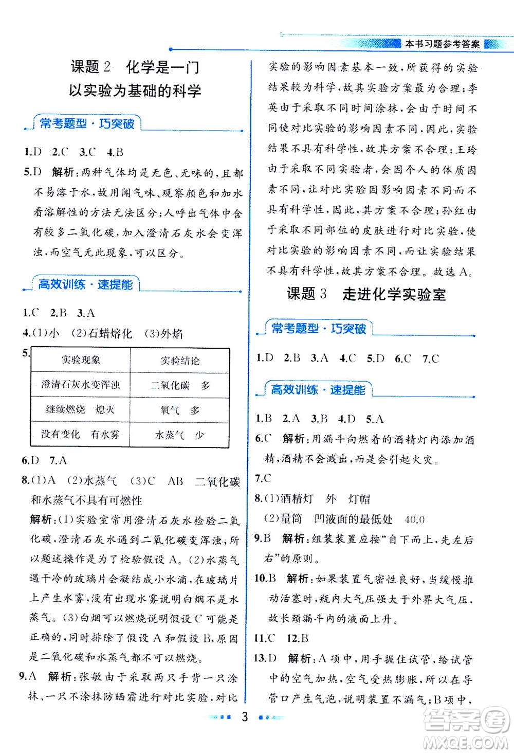 人民教育出版社2020年教材解讀化學(xué)九年級上冊人教版參考答案