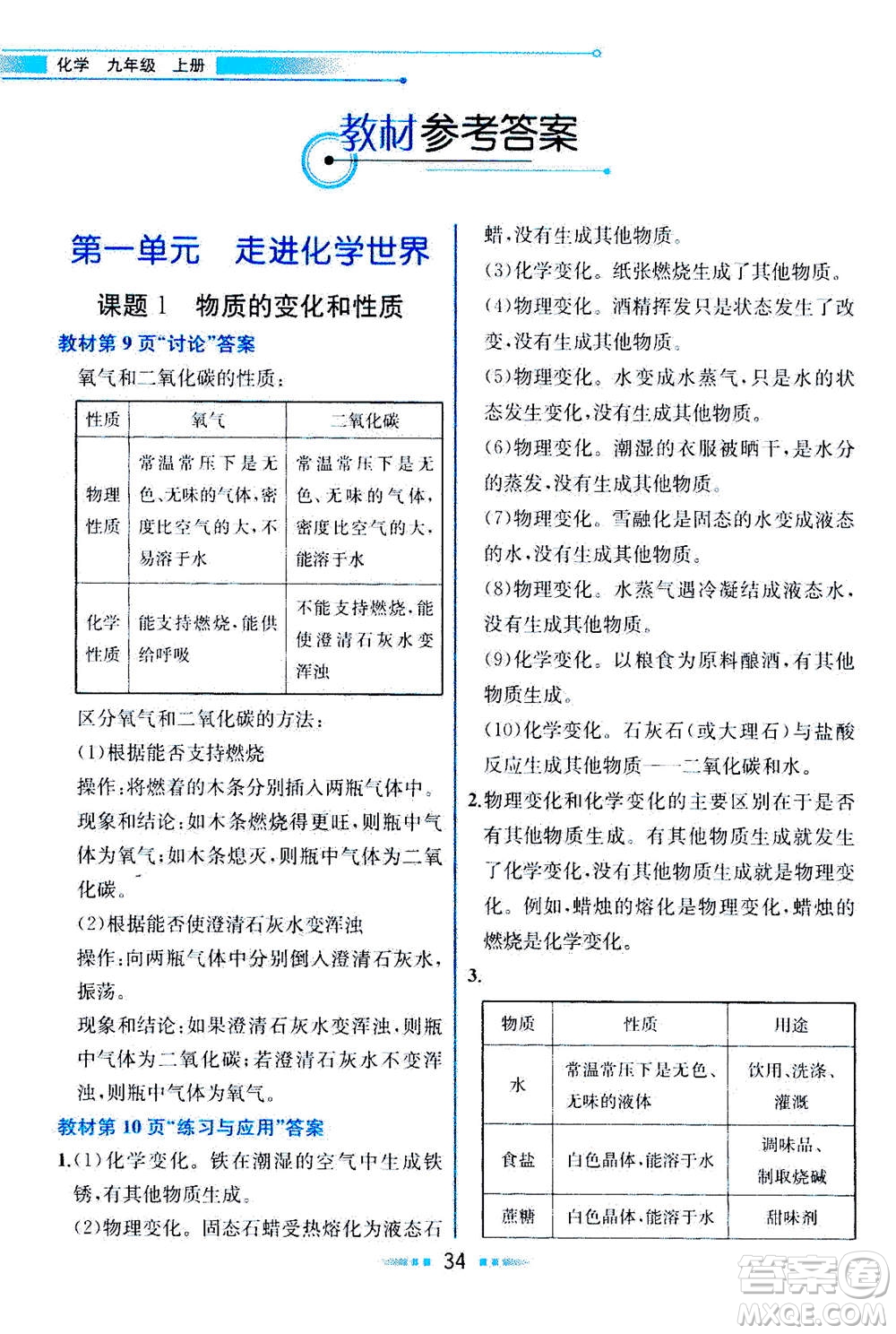 人民教育出版社2020年教材解讀化學(xué)九年級上冊人教版參考答案