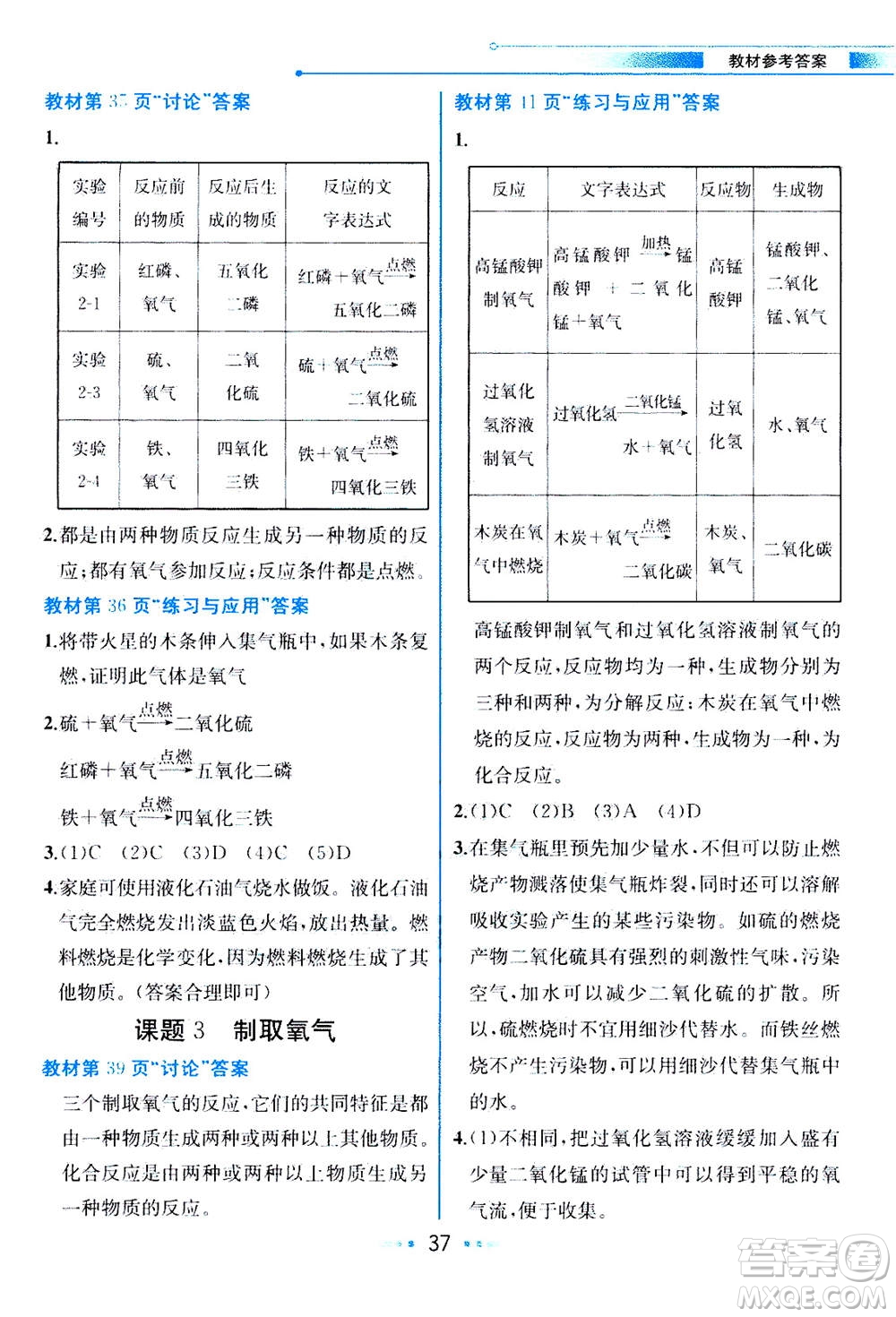 人民教育出版社2020年教材解讀化學(xué)九年級上冊人教版參考答案