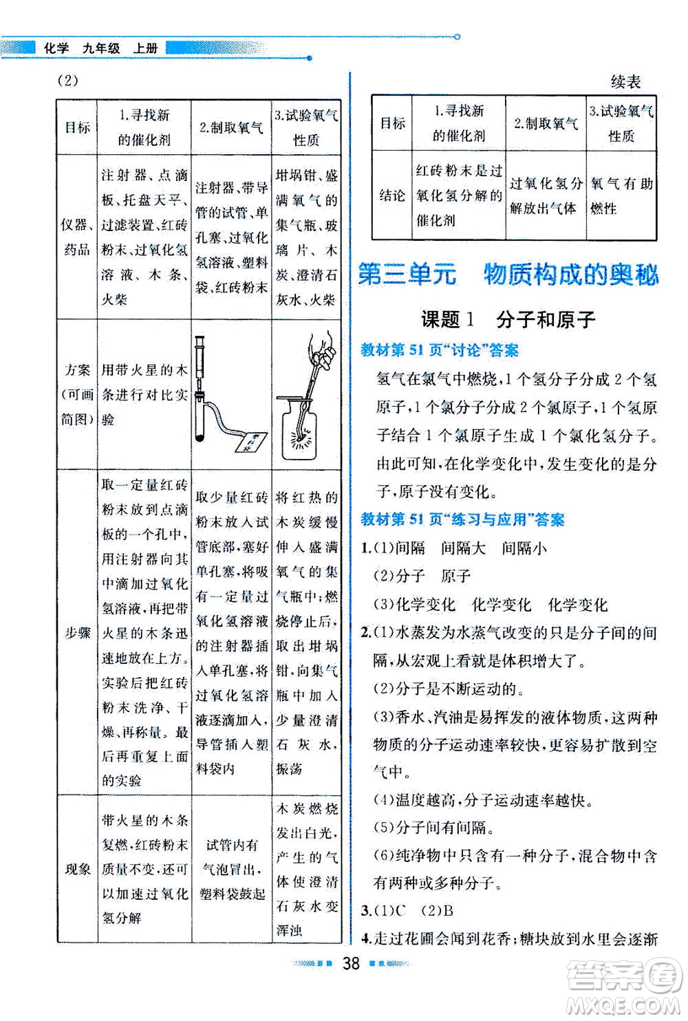 人民教育出版社2020年教材解讀化學(xué)九年級上冊人教版參考答案