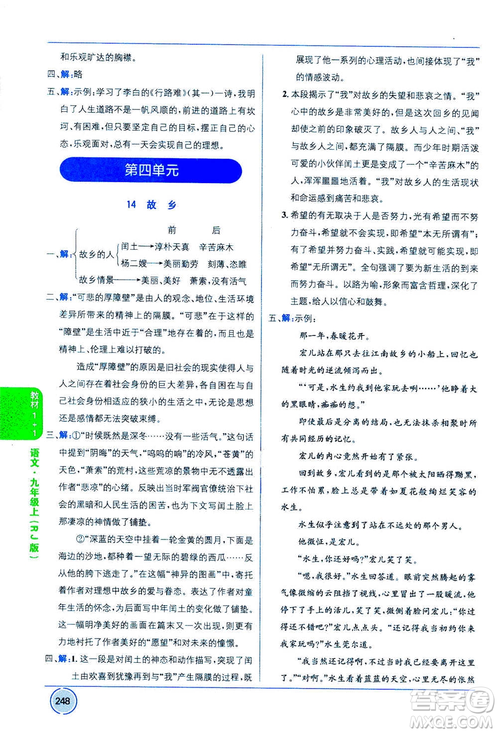 2020年教材1+1全解精練語文九年級上冊RJ人教版參考答案