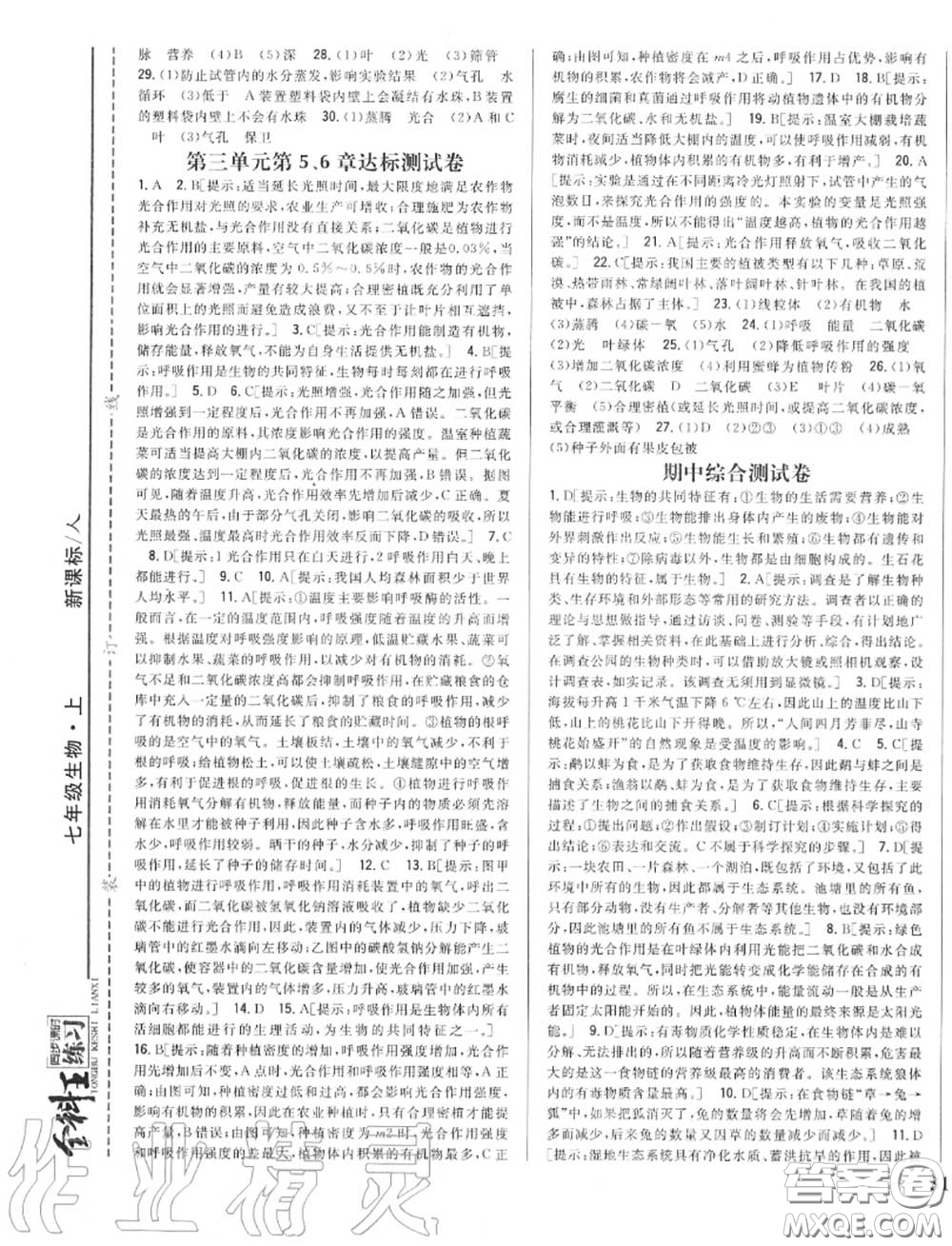 2020秋全科王同步課時(shí)練習(xí)七年級(jí)生物上冊(cè)人教版答案